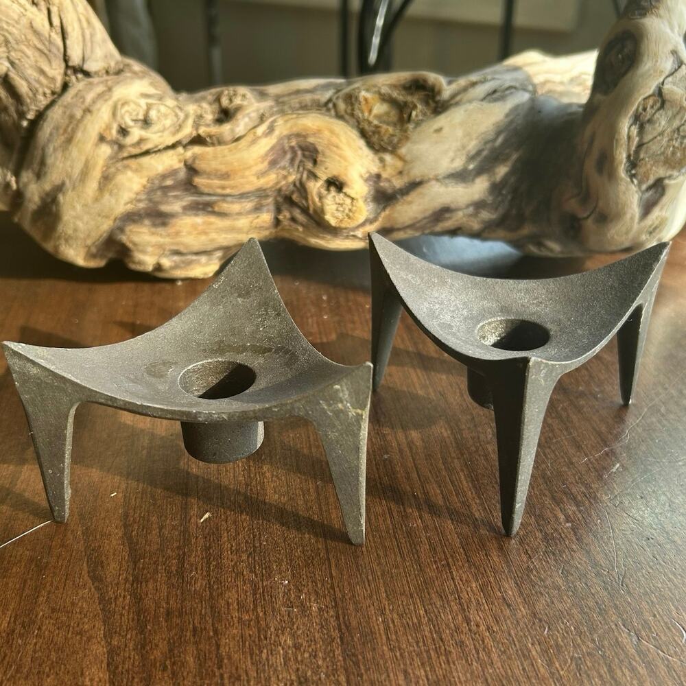 Vintage MCM cast Iron Triangle Candlestick Holder Denmark Norway set of 2